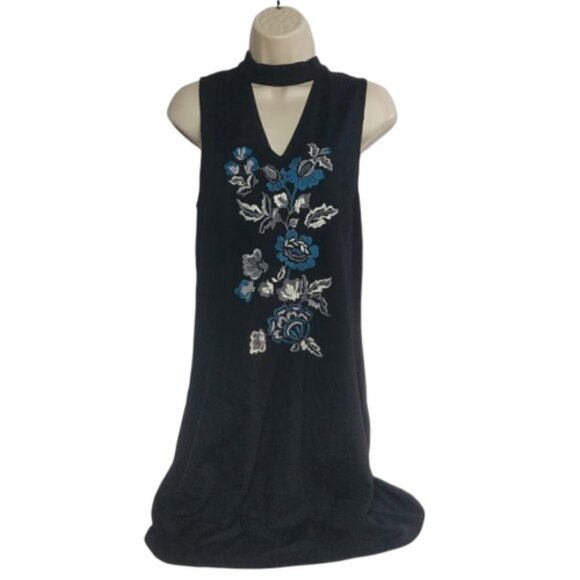 Kensie Shift Dress Size Small Black Floral Embroidered Sleeveless V Neck Zip Up - Picture 1 of 5